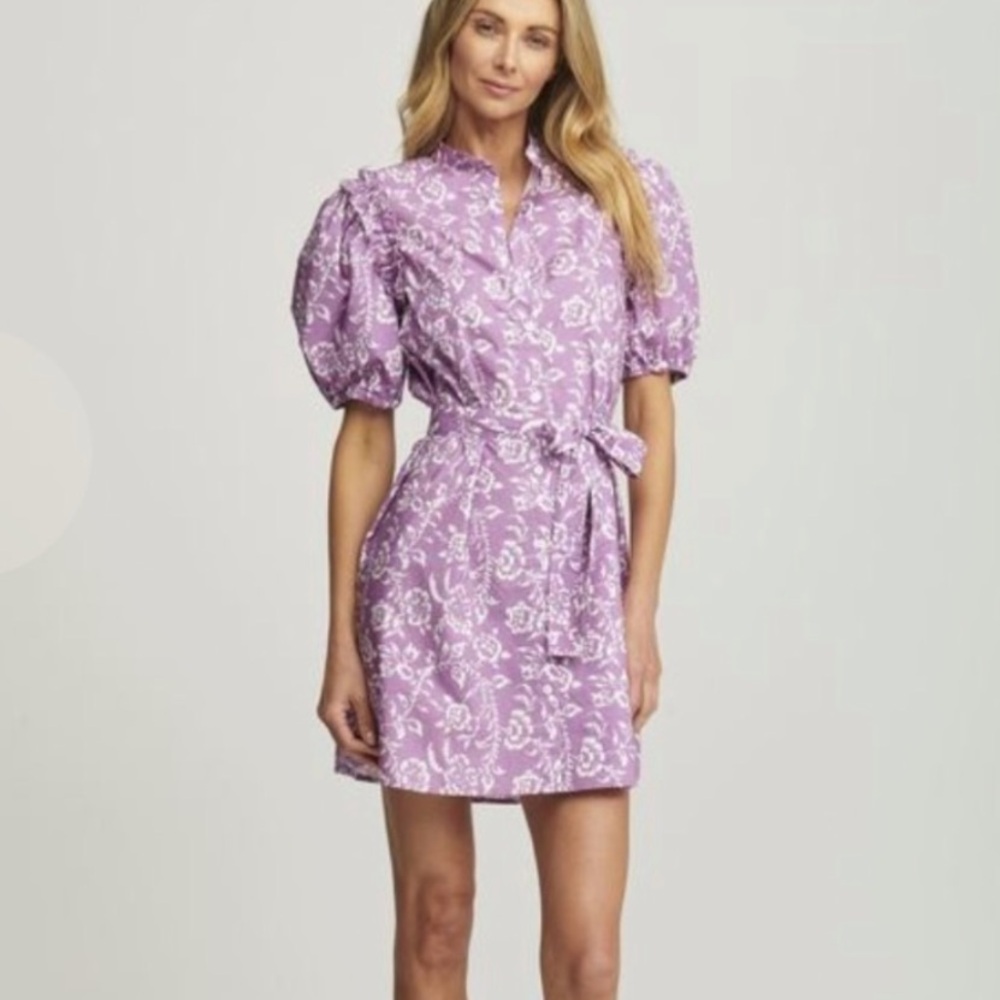 sundays Lavender Floral Puff-Sleeve Tie-Waist Mini Dress
